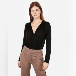 H&M Black Deep V neck Draped across over Long Sleeve Slinky Bodysuit sz Medium